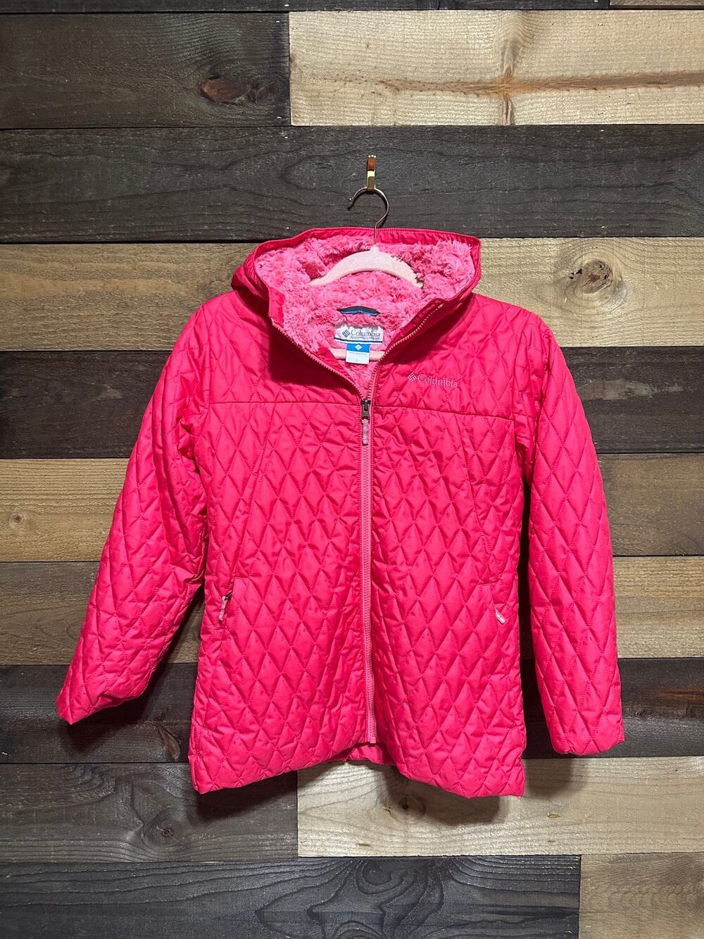 COLUMBIA Girls’ Bella Plush Faux Fur Lined Hooded Quilted Pink Jacket Size L EUC